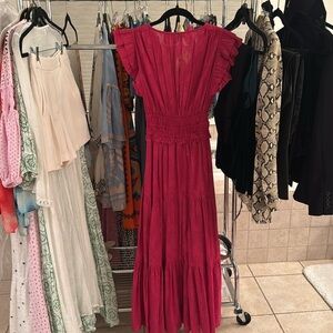 KARINA GRIMALDI Karla Metallic Flutter Sleeve Tiered Maxi Dress in fuchsia pink
